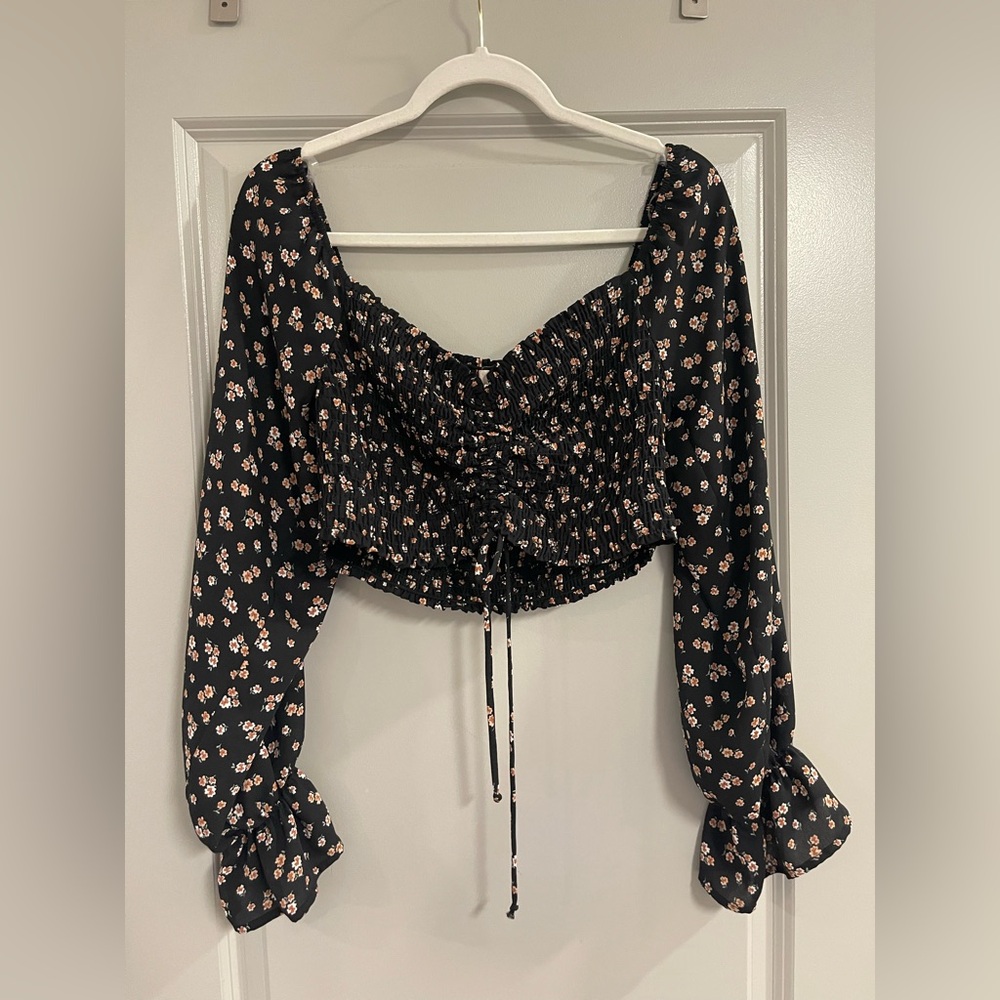 Altar'd State Black Floral Ruched Blouse